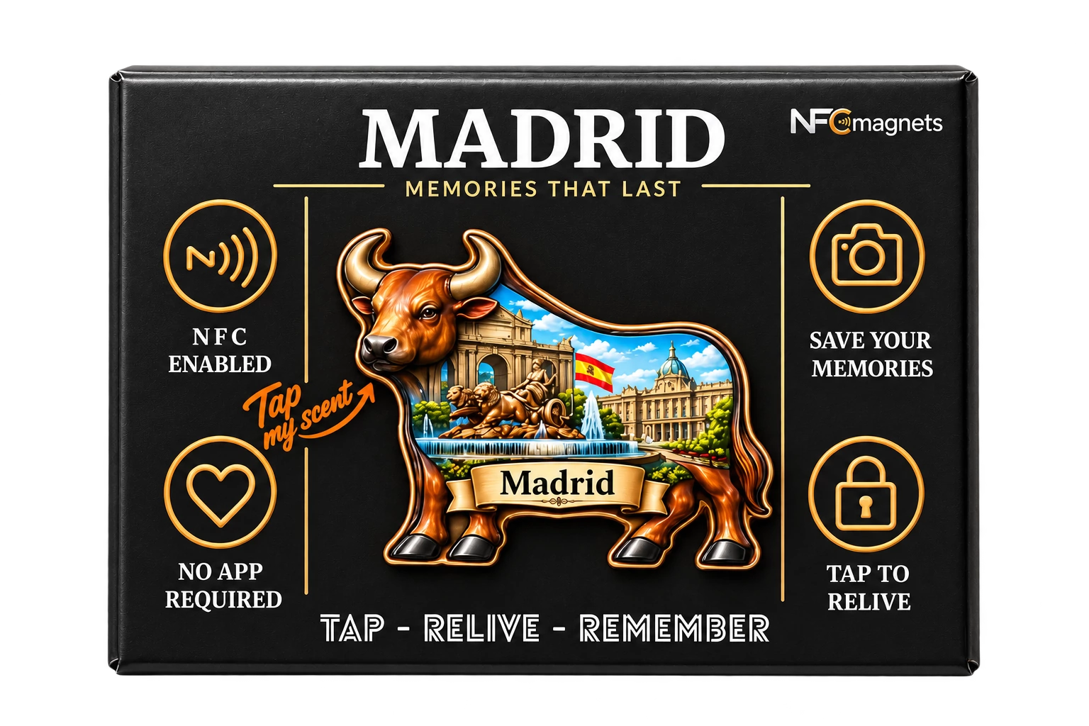 Black NFC Magnets premium box with the Madrid magnet, showing destination, magnet and packaging customisation with its original printed English text.