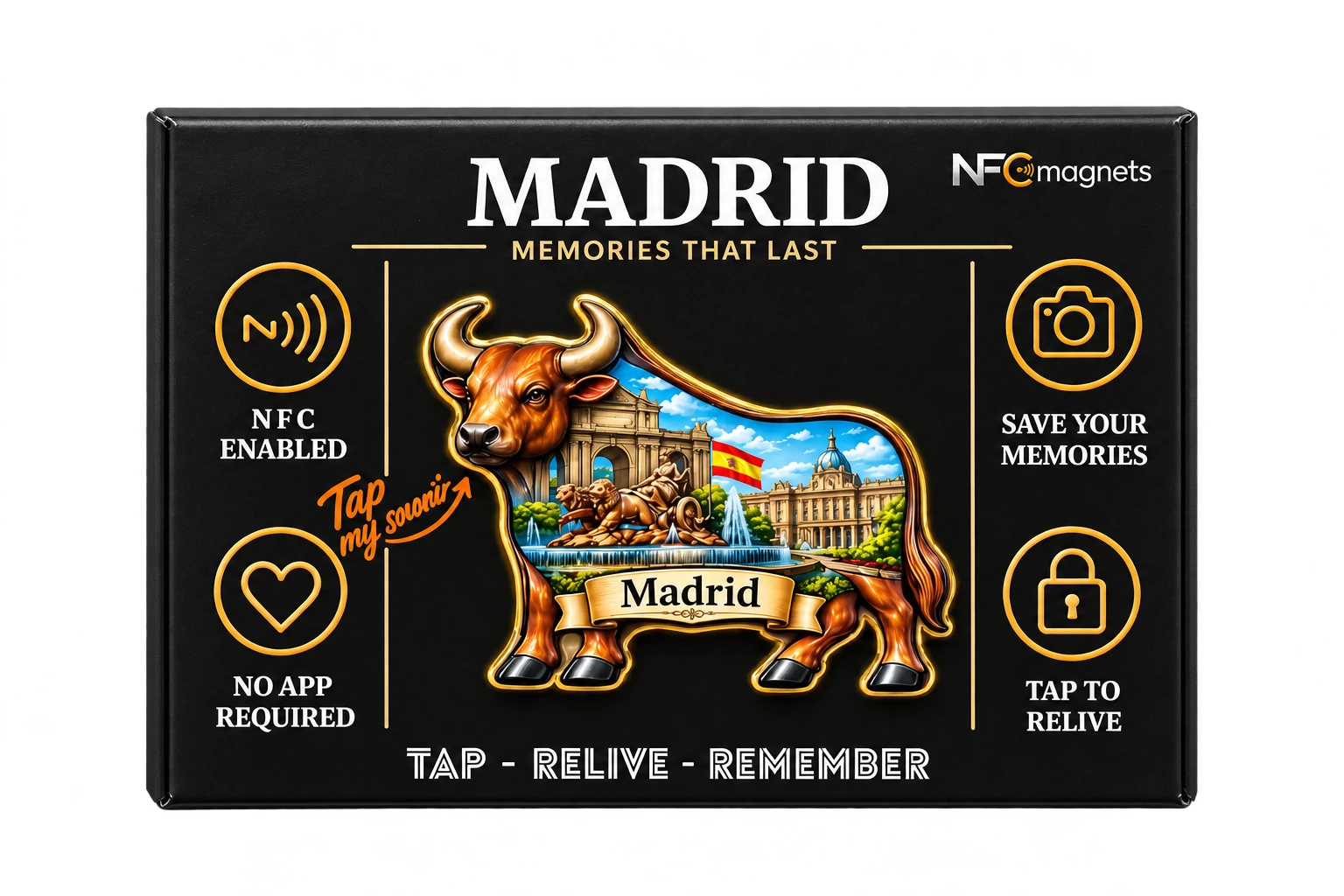Caja premium negra NFC Magnets con el imán de Madrid; ejemplo de personalización del destino, del imán y del packaging, con los textos impresos originales en inglés.