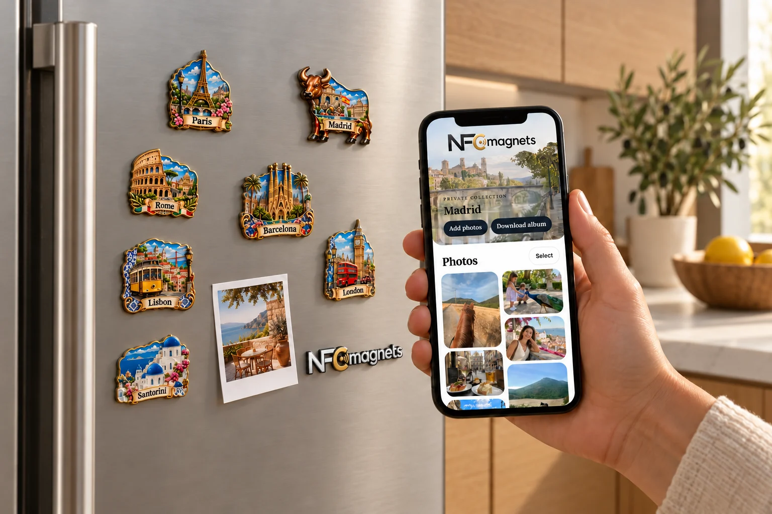A hand holding a phone with the Madrid album beside a modern fridge with eight small magnets, including a white NFC Magnets wordmark.